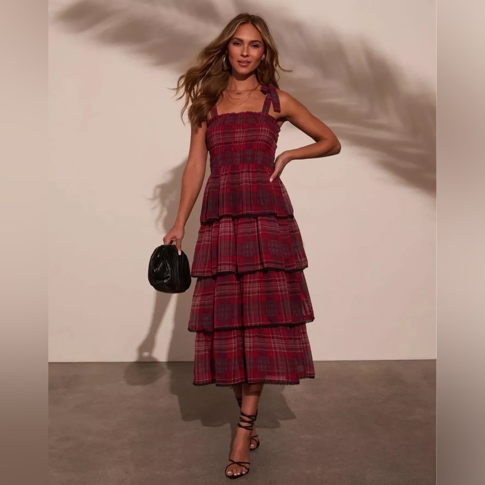 Vici plaid maxi dress tiered Sway With Me Tiered Midi lace bows holidays ruffle